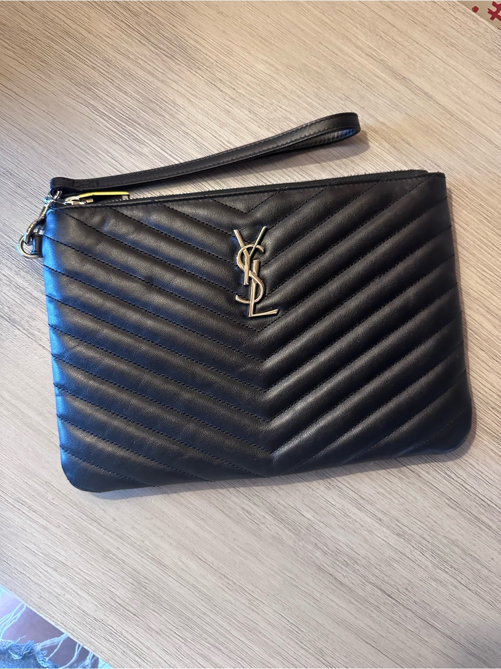 Saint Laurent Cassandre Leather Wristlet Pouch, Black + Silver YSL Logo